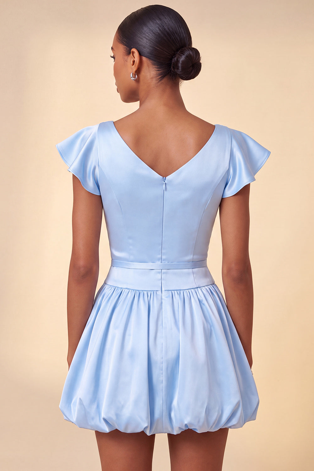 Sky Blue Satin A-Line Cap Sleeves Short Homecoming Dress with Bow