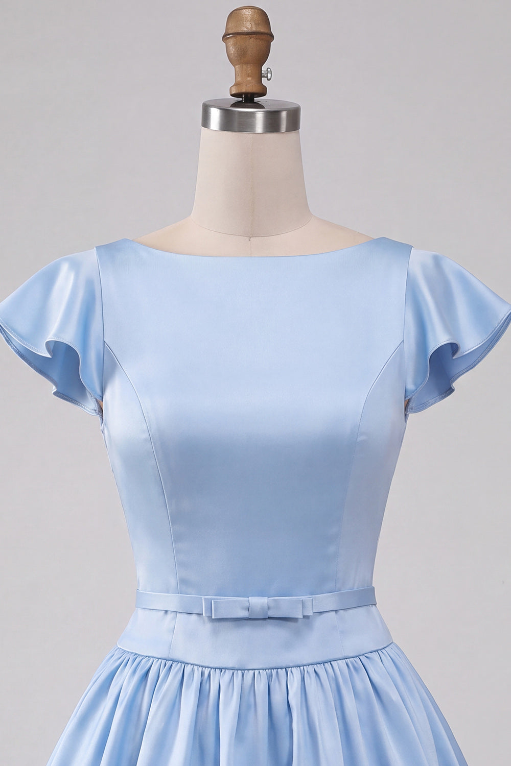Sky Blue Satin A-Line Cap Sleeves Short Homecoming Dress with Bow