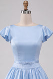 Sky Blue Satin A-Line Cap Sleeves Short Homecoming Dress with Bow