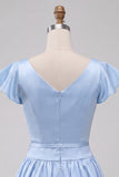 Sky Blue Satin A-Line Cap Sleeves Short Homecoming Dress with Bow