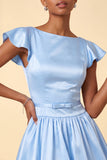 Sky Blue Satin A-Line Cap Sleeves Short Homecoming Dress with Bow