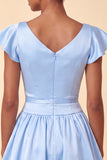 Sky Blue Satin A-Line Cap Sleeves Short Homecoming Dress with Bow