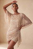 Sparkly Pink Tight Ruched Short Sequin Homecoming Dress with Cape