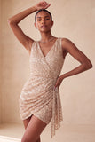 Sparkly Pink Tight Ruched Short Sequin Homecoming Dress with Cape