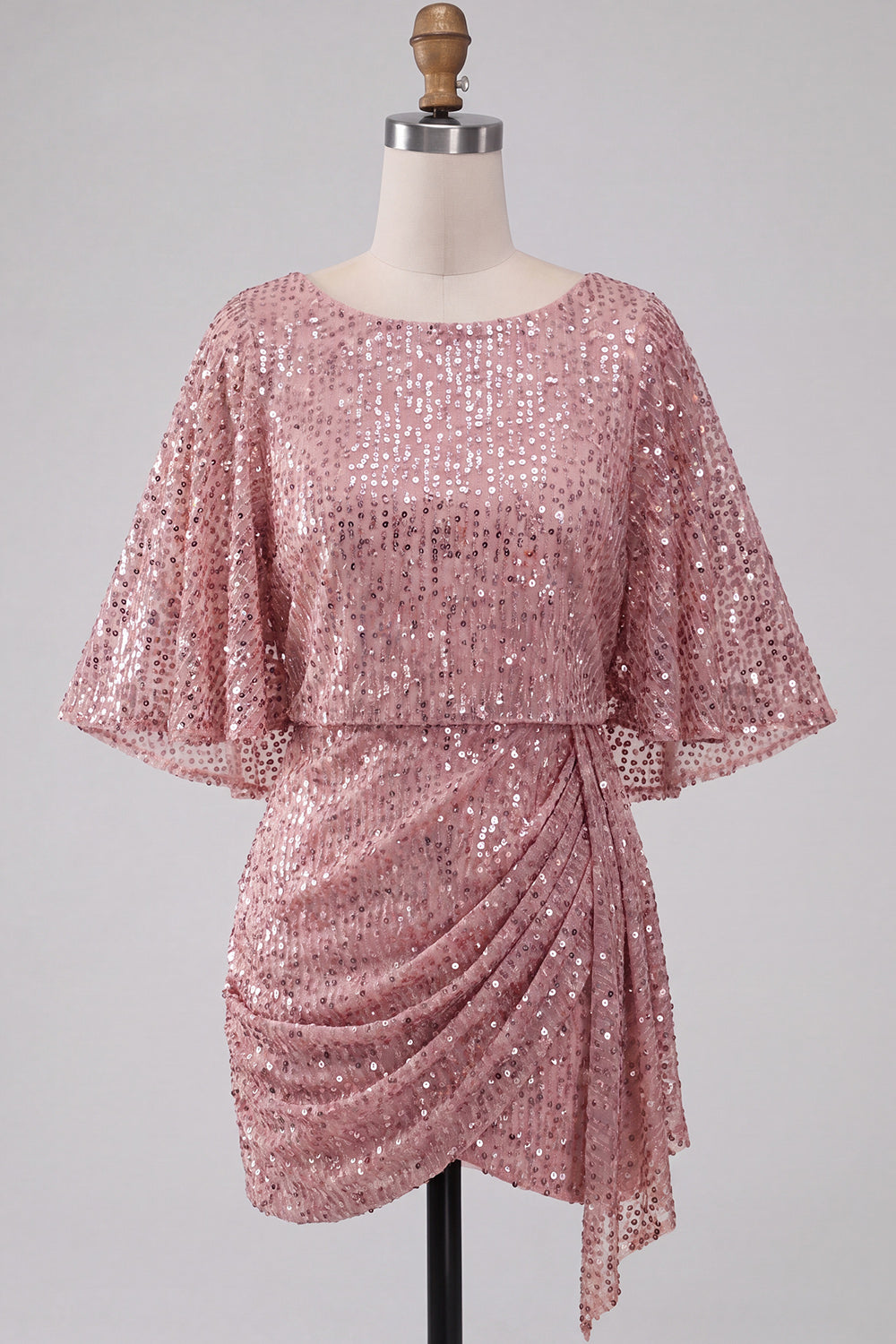 Sparkly Pink Tight Ruched Short Sequin Homecoming Dress with Cape