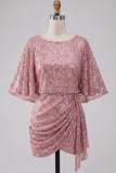 Sparkly Pink Tight Ruched Short Sequin Homecoming Dress with Cape