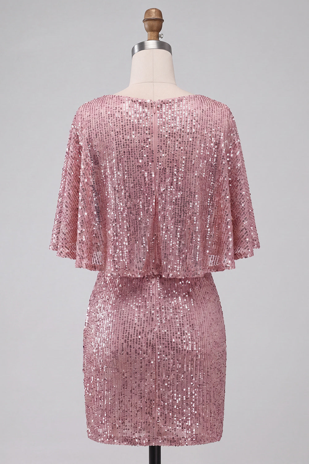 Sparkly Pink Tight Ruched Short Sequin Homecoming Dress with Cape