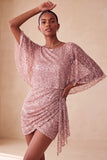 Sparkly Pink Tight Ruched Short Sequin Homecoming Dress with Cape