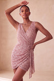 Sparkly Pink Tight Ruched Short Sequin Homecoming Dress with Cape