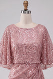 Sparkly Pink Tight Ruched Short Sequin Homecoming Dress with Cape