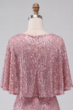 Sparkly Pink Tight Ruched Short Sequin Homecoming Dress with Cape