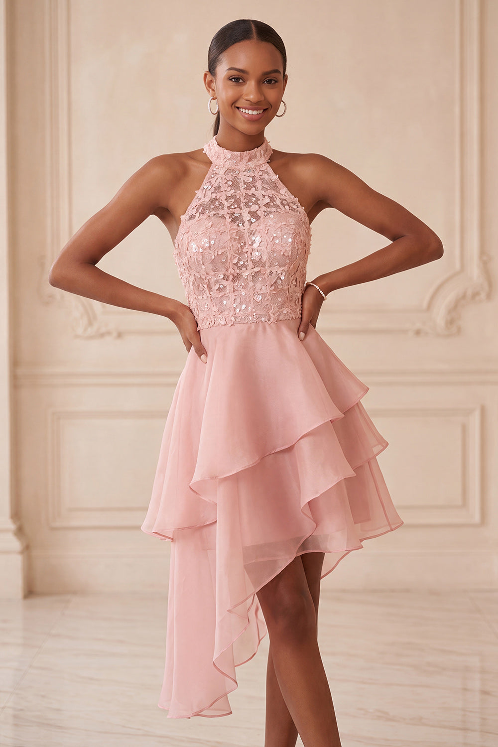 ZAPAKA Women Sky Blue Homecoming Dress Tiered Halter Neck A-Line Sequins Asymmetrical Short Cocktail Dress, Blush / UK6