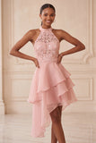 Sky Blue Sequin Halter A Line Tiered Asymmetrical Homecoming Dress