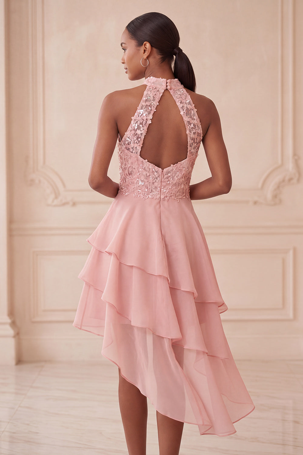 Sky Blue Sequin Halter A Line Tiered Asymmetrical Homecoming Dress