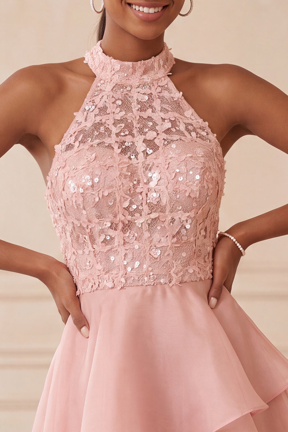 Sky Blue Sequin Halter A Line Tiered Asymmetrical Homecoming Dress