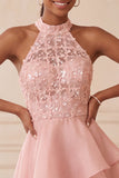 Sky Blue Sequin Halter A Line Tiered Asymmetrical Homecoming Dress