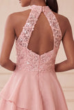 Sky Blue Sequin Halter A Line Tiered Asymmetrical Homecoming Dress