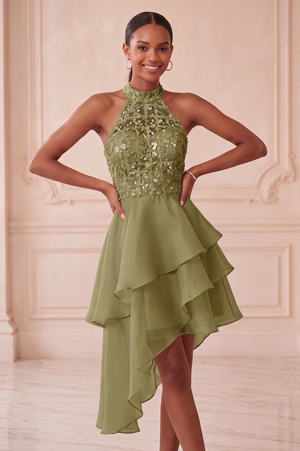ZAPAKA Women Sky Blue Homecoming Dress Tiered Halter Neck A-Line Sequins Asymmetrical Short Cocktail Dress, Olive / UK12