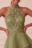 Sky Blue Sequin Halter A Line Tiered Asymmetrical Homecoming Dress