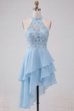 Sky Blue Sequin Halter A Line Tiered Asymmetrical Homecoming Dress