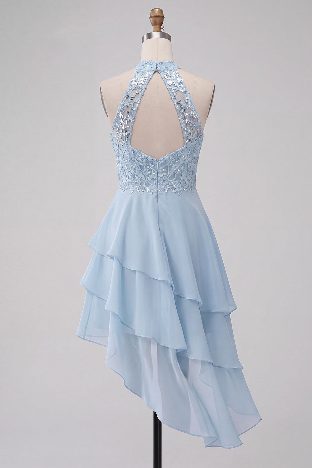 Sky Blue Sequin Halter A Line Tiered Asymmetrical Homecoming Dress