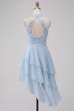 Sky Blue Sequin Halter A Line Tiered Asymmetrical Homecoming Dress