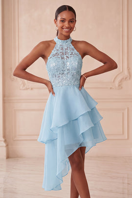 Sky Blue Sequin Halter A Line Tiered Asymmetrical Homecoming Dress