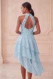 Sky Blue Sequin Halter A Line Tiered Asymmetrical Homecoming Dress