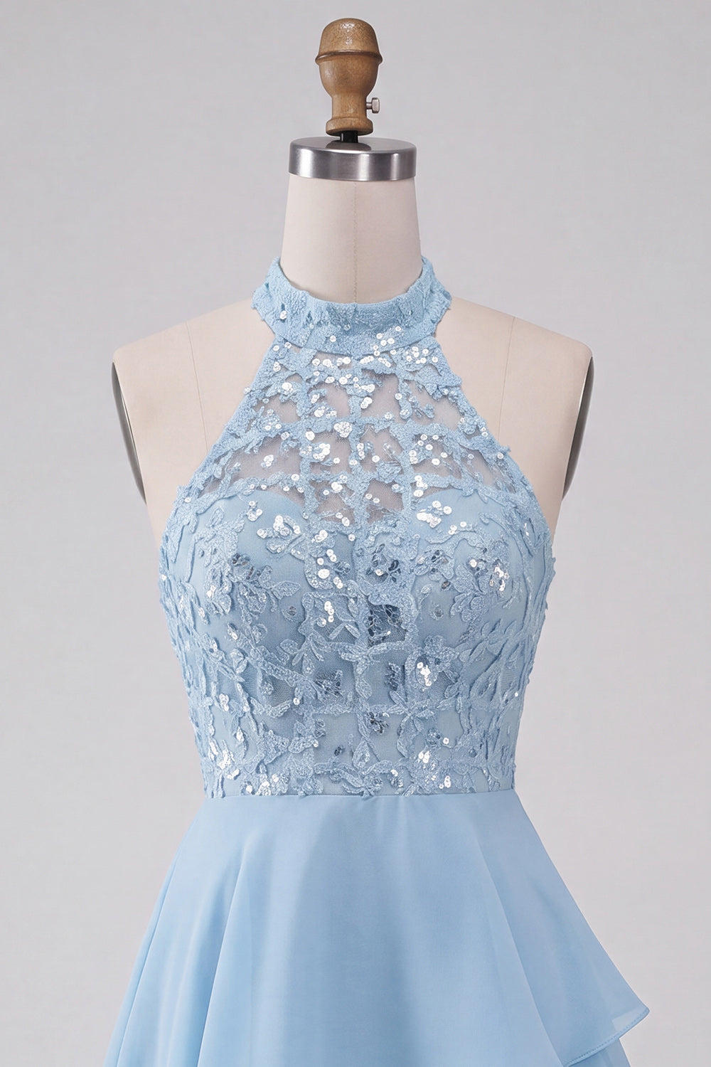 Sky Blue Sequin Halter A Line Tiered Asymmetrical Homecoming Dress