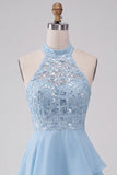Sky Blue Sequin Halter A Line Tiered Asymmetrical Homecoming Dress