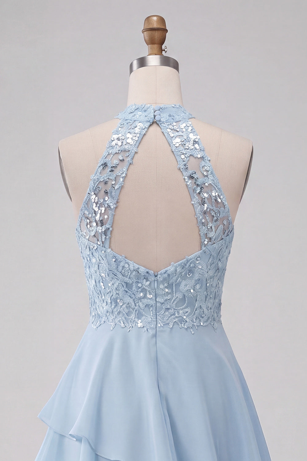 Sky Blue Sequin Halter A Line Tiered Asymmetrical Homecoming Dress