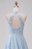 Sky Blue Sequin Halter A Line Tiered Asymmetrical Homecoming Dress