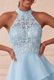 Sky Blue Sequin Halter A Line Tiered Asymmetrical Homecoming Dress