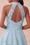 Sky Blue Sequin Halter A Line Tiered Asymmetrical Homecoming Dress