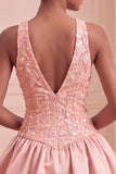 Sky Blue Sequin A-Line V-Neck Appliqued Short Homecoming Dress