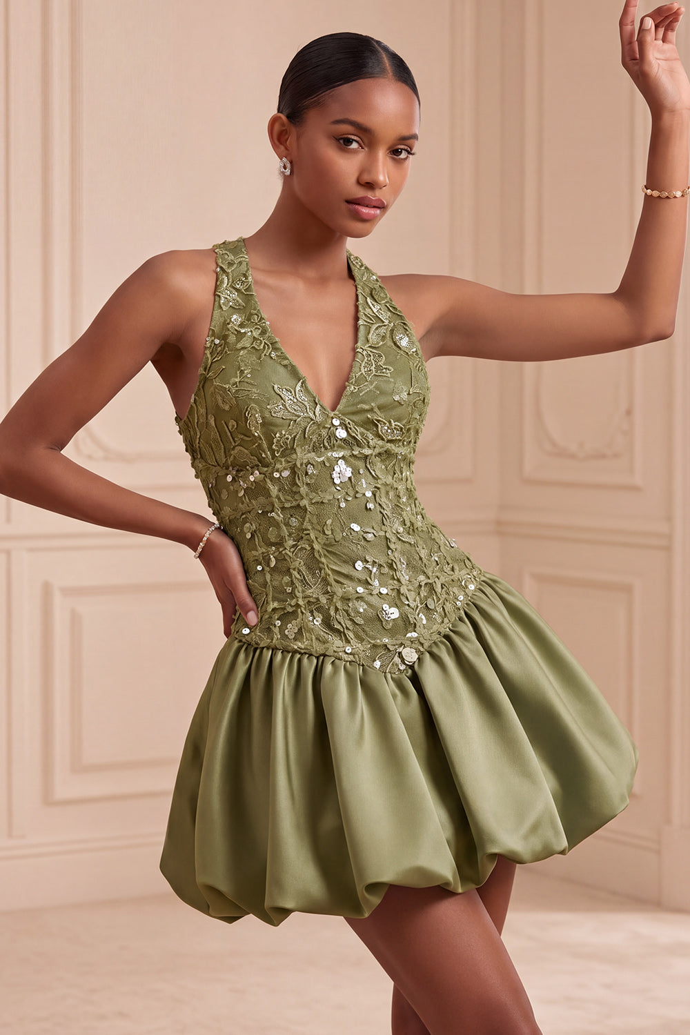 ZAPAKA Women Sky Blue Homecoming Dress A-Line V-Neck Cute Short Cocktail Dress, Olive / US14