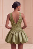 Sky Blue Sequin A-Line V-Neck Appliqued Short Homecoming Dress
