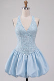 Sky Blue Sequin A-Line V-Neck Appliqued Short Homecoming Dress