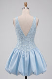Sky Blue Sequin A-Line V-Neck Appliqued Short Homecoming Dress
