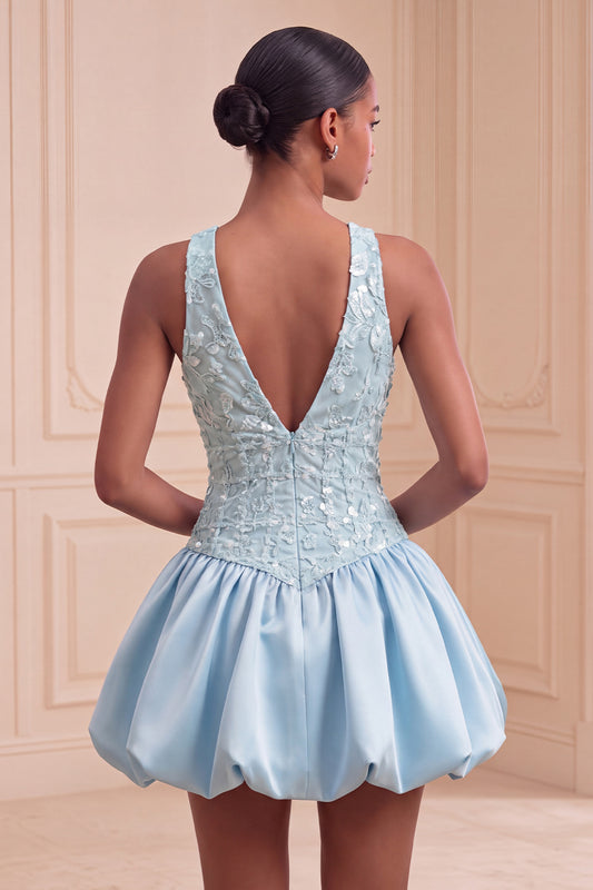 Sky Blue Sequin A-Line V-Neck Appliqued Short Homecoming Dress