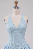 Sky Blue Sequin A-Line V-Neck Appliqued Short Homecoming Dress
