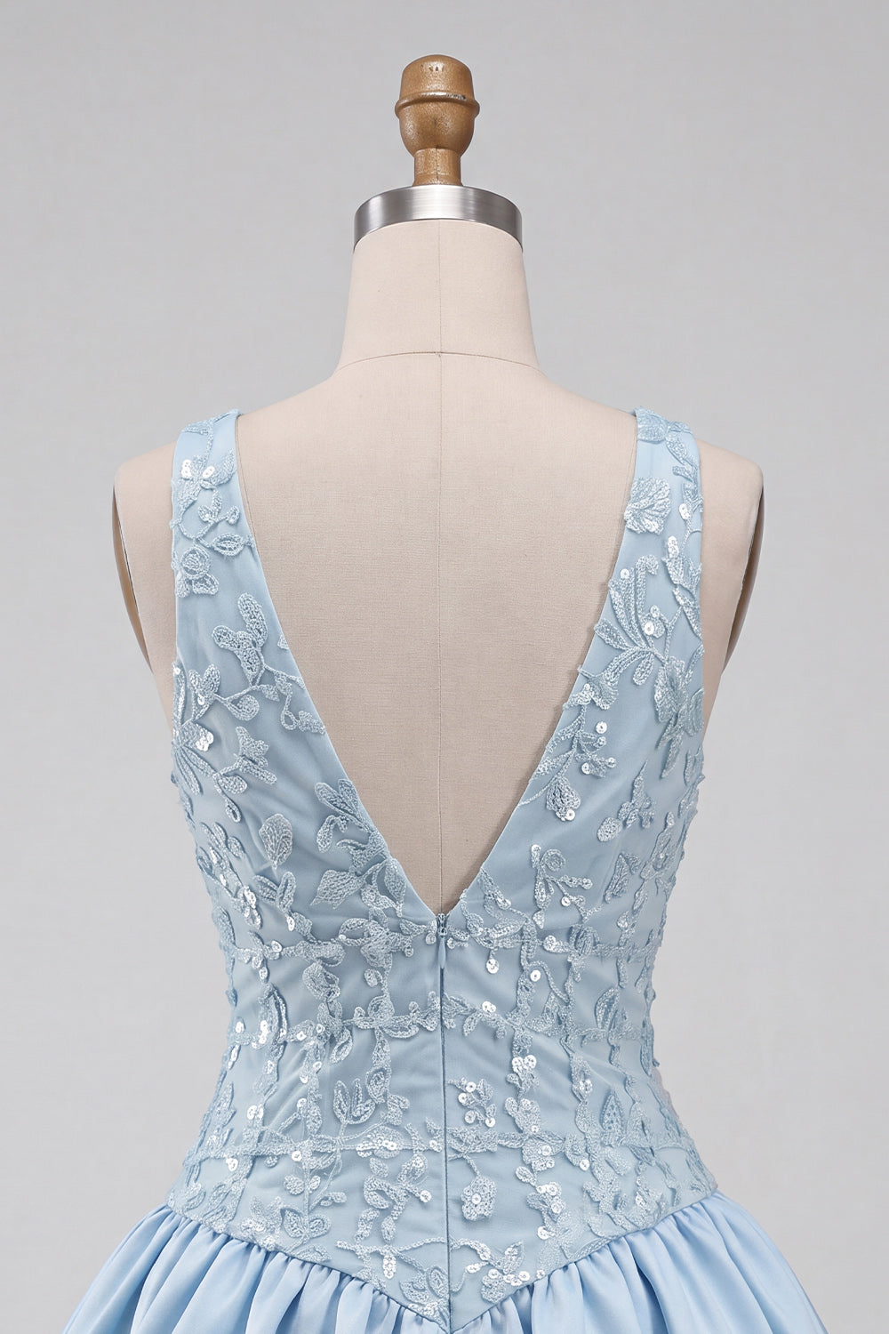 Sky Blue Sequin A-Line V-Neck Appliqued Short Homecoming Dress