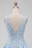 Sky Blue Sequin A-Line V-Neck Appliqued Short Homecoming Dress