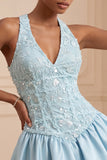 Sky Blue Sequin A-Line V-Neck Appliqued Short Homecoming Dress