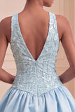 Sky Blue Sequin A-Line V-Neck Appliqued Short Homecoming Dress