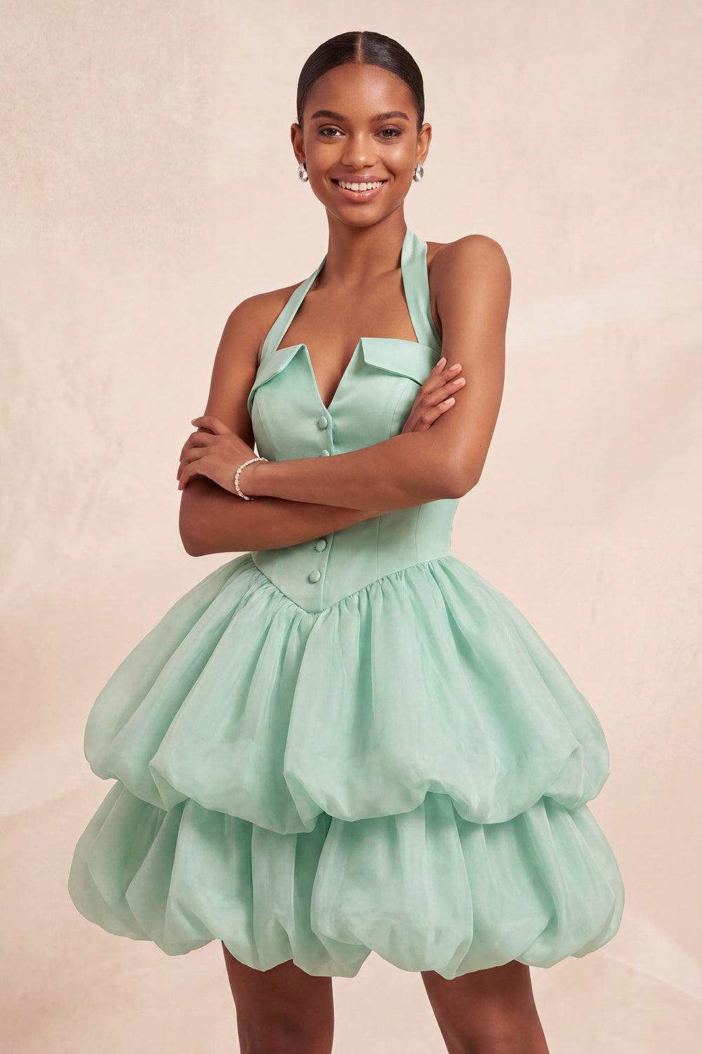 Pink Halter Tiered Short Corset Homecoming Dress with Covered Buttons