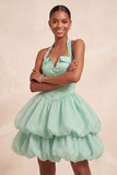 Pink Halter Tiered Short Corset Homecoming Dress with Covered Buttons