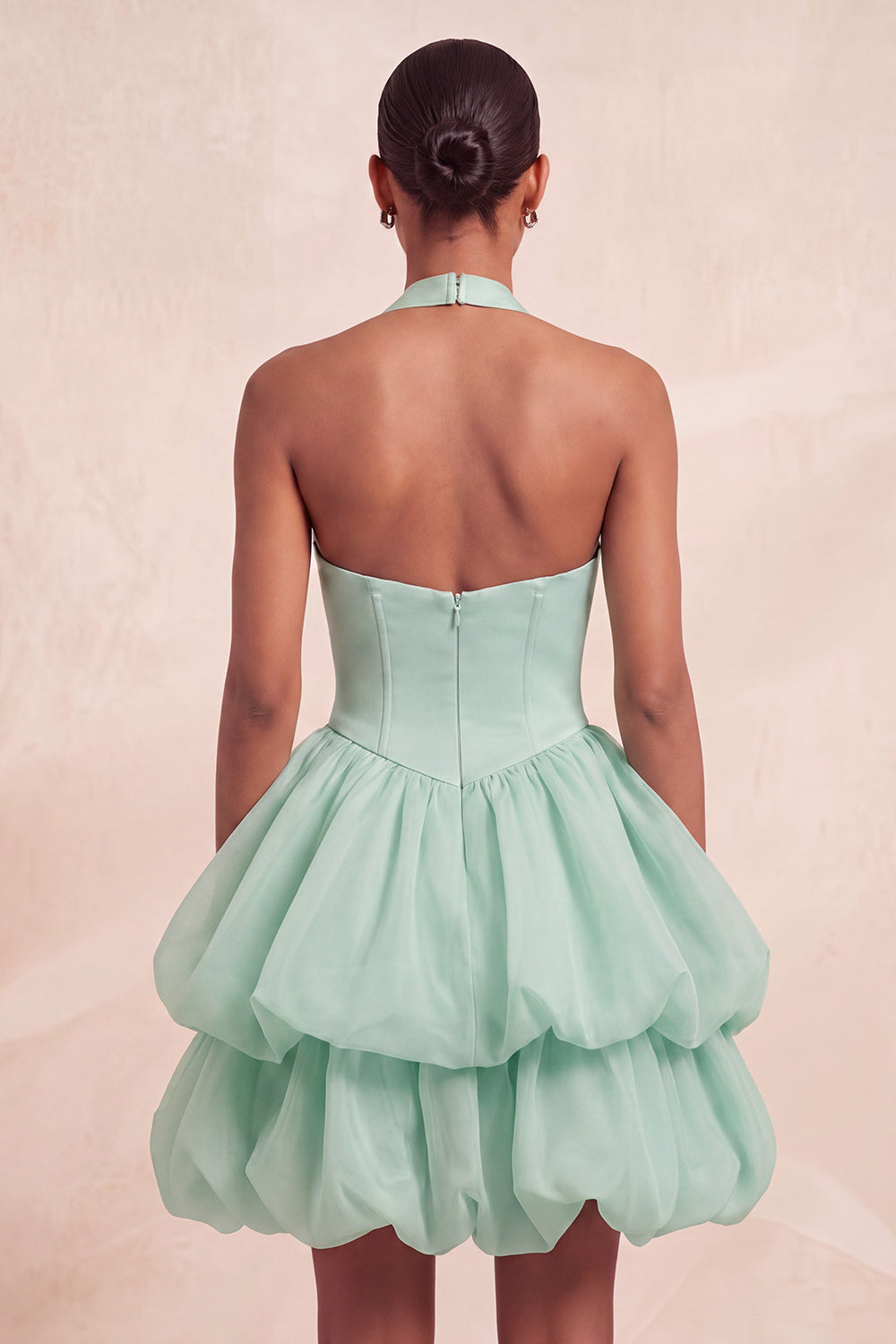 Pink Halter Tiered Short Corset Homecoming Dress with Covered Buttons