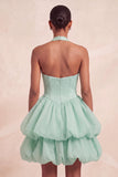 Pink Halter Tiered Short Corset Homecoming Dress with Covered Buttons
