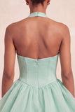 Pink Halter Tiered Short Corset Homecoming Dress with Covered Buttons